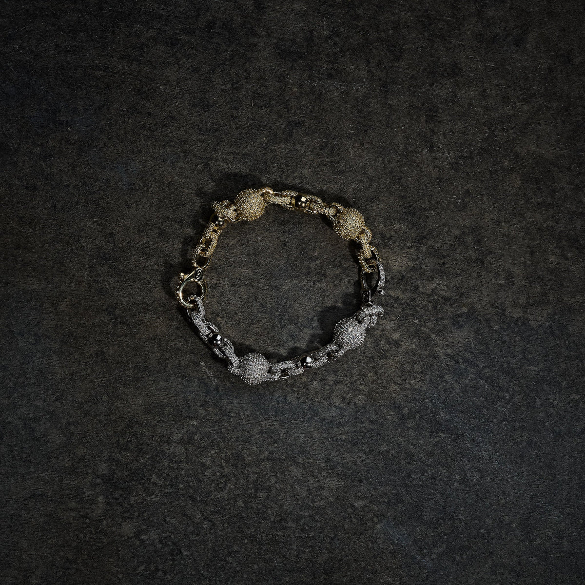 GLD X Bloody Osiris Dual Finish Moissanite Ball Chain Bracelet in White and Yellow Gold Vermeil